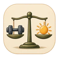 Modest Gains app icon: an olive balance scale weighing a dumbbell against a sun