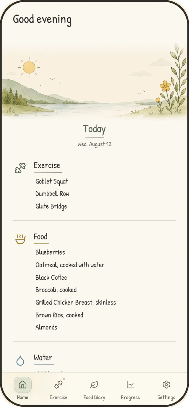 The Modest Gains home screen, listing the day's exercise, food, and water
