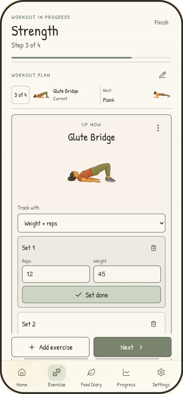 A workout in progress, recording sets of reps and weight for a glute bridge