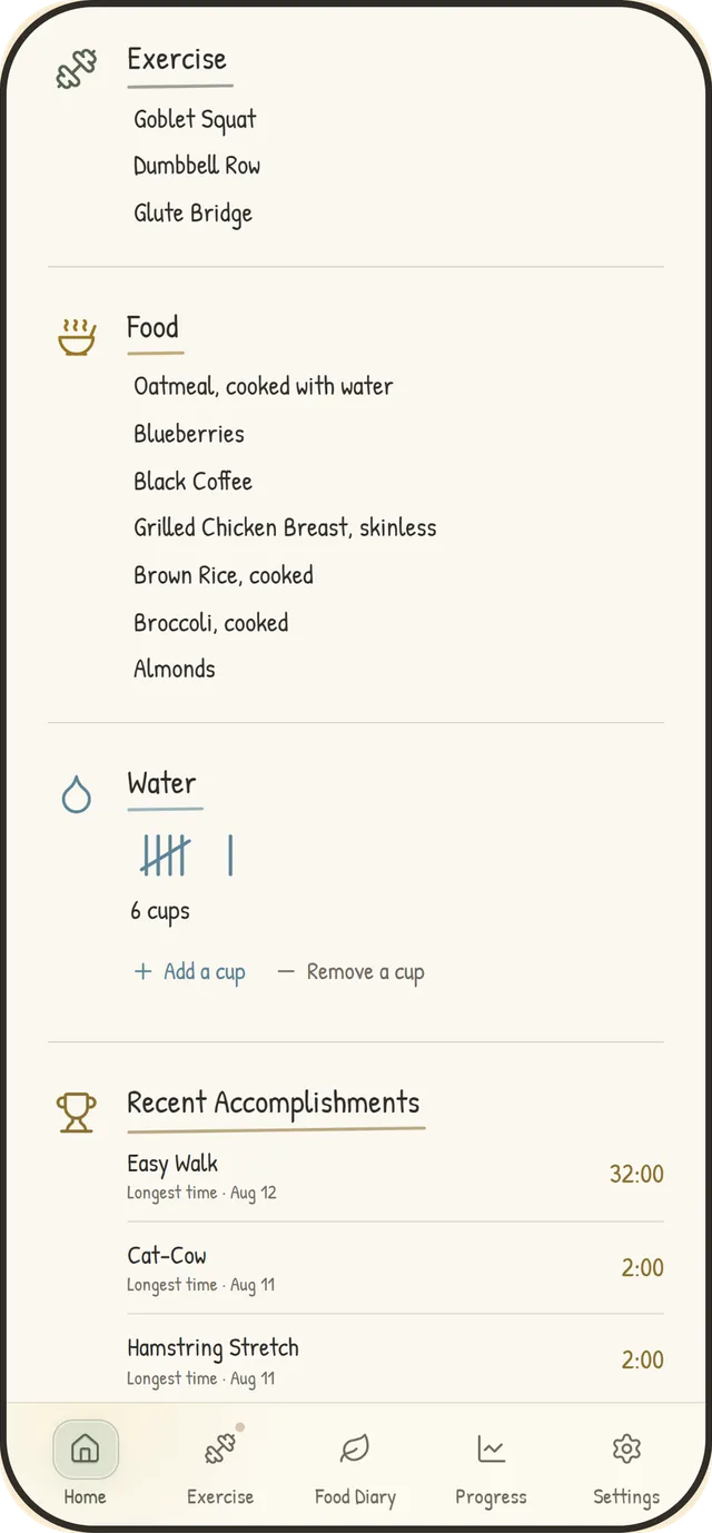 The home screen showing logged exercise, food, water, and recent accomplishments